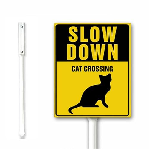Slow Down – Cartello di attraversamento gatto con paletti, 20 x 30 cm, in alluminio, per strada, strada, giardino, prato, robusto e resistente, antiruggine, facile da montare