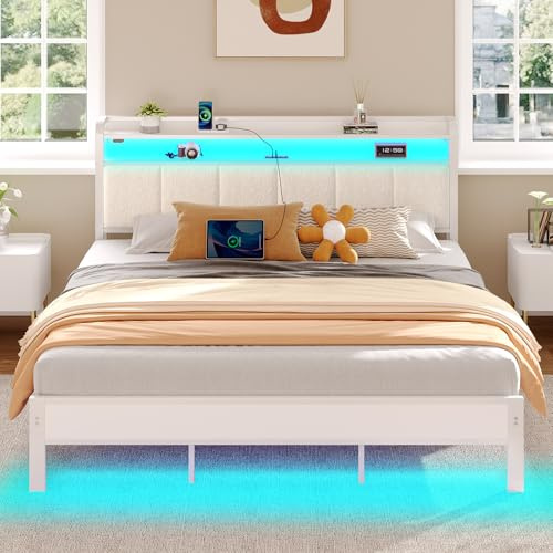 Rolanstar Bed Frame King Size with Charging Station and LED Lights, Upholstered Headboard with Storage Shelves, Heavy Duty Metal Slats, No Box Spring Need, Noise Free, Easy Assembly, White