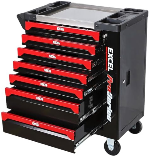 Excel Tool Chest with 7 Drawers Red & Black, Lock, Made with Powder Coated Steel & Rust-resistant, Ball Bearing Slides and 4 Wheels with Brakes. Durable Rolling Storage for Workshops