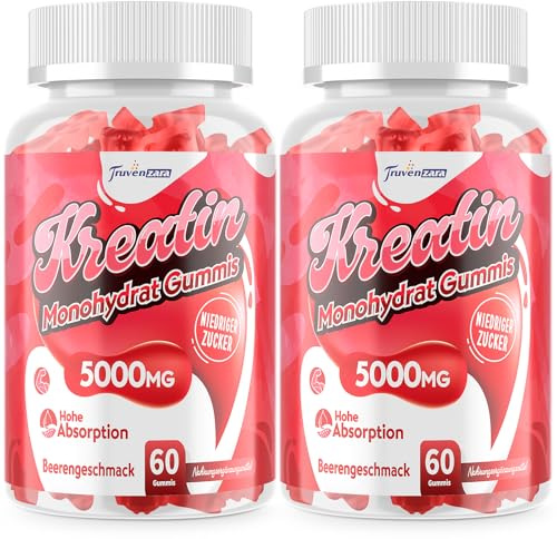 Créatine Gummies Complexe 5000mg par Portion, Formule 5-en-1 avec Taurine et Vitamine B6, Créatine Monohydrate à Mâcher pour Hommes et Femmes, Saveur Fruits Rouges, Végan (60 Unité (Lot de 2))