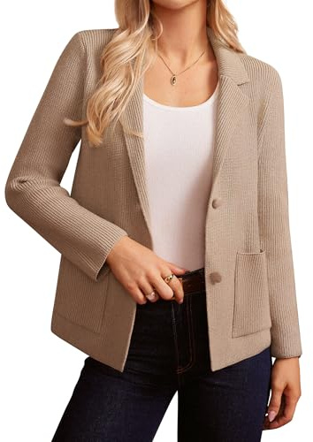 GRACE KARIN - Cárdigan de punto con manga larga para mujer, blazer de negocios con solapa de muesca y dos botones, casual para la oficina, caqui, M