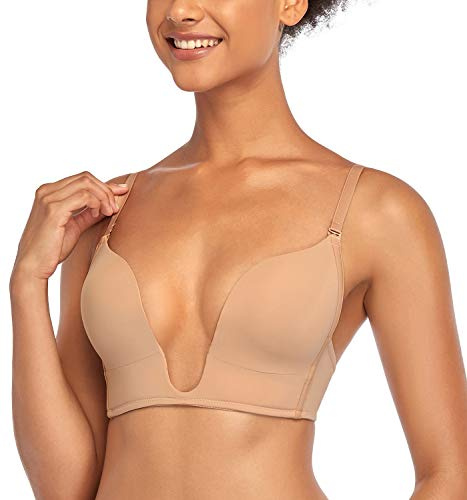 DotVol Women's Deep U Plunge Bra Backless Push Up Low Cut | Seamless Smooth Cup, U-shaped Wire, Underwire, Convertible Back Style, Push Up Padding, Everyday Bra