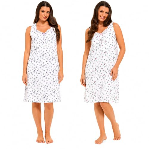 GM Apparel Pack of 2 Ladies Sleeveless Nighties, Cotton Floral Nightshirts