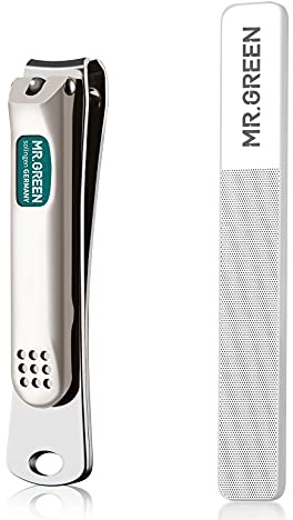 MR.GREEN Nail Clippers Curved Blades Fingernail Cut Nippers Manicure Scissors Stainless Steel Pedicure Tools (Medium+Glass File)