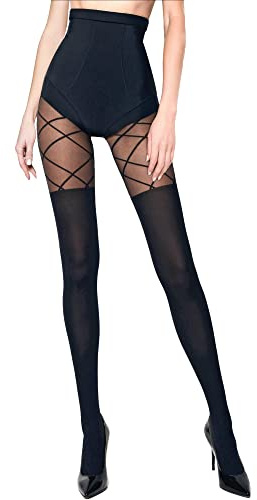 Conte Opaque Tights with Overknees Imitation and Openwork Laces Pattern, Concept 50 Den, Black (Nero), Small