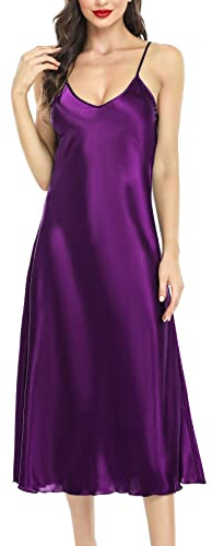 Lovasy Nuisette Femme Satin Chemise de Nuit Kimono Peignoir Nuisett Longue Fond Robe Femmes Vêtements Pyjama Chic,Violet foncé L