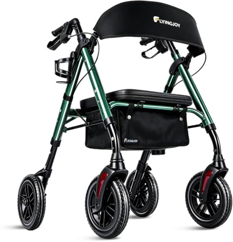 FlyingJoy Déambulateur pliable avec siège et dossier extra large, déambulateurs avec roues tout-terrain de 20,3 cm pour personnes âgées, déambulateurs roulants avec porte-gobelet et canne, supporte
