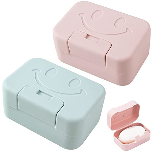 Caja de jabón de Viaje,Caja de jabón de 2 Piezas,Jabonera con Tapa,Jabonera de Ducha portátil,sellada con Tapa, baño,Viaje,Campamento,Gimnasio (Azul/Rosa)