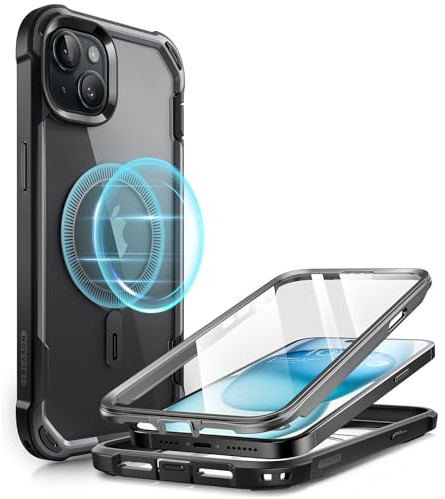 i-Blason AresMag Schutzhülle für iPhone 15 / iPhone 14 / iPhone 13 [6,1 Zoll], MagSafe-kompatibel, stoßfest, robust, transparent, mit integriertem Displayschutz, Schwarz