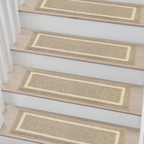 COSY HOMEER Alfombrillas para escaleras 70x22 cm (15 unidades), autoadhesivas, antideslizantes, lavables a máquina, 100% poliéster, respaldo TPE, beige