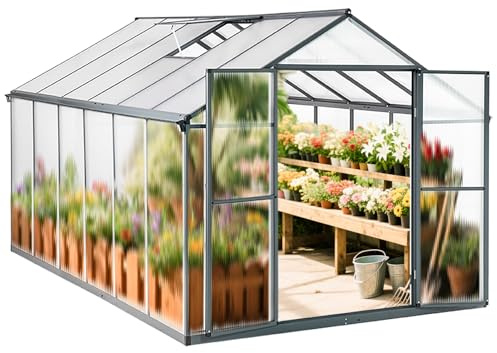 Euboer Gewächshaus Aluminium mit 362 x 238cm Fundament 4mm Platten gartengewächshäuser groß Treibhaus Winterfest Frühbeet Aufzucht 14,03m³ Doppeltür Grau