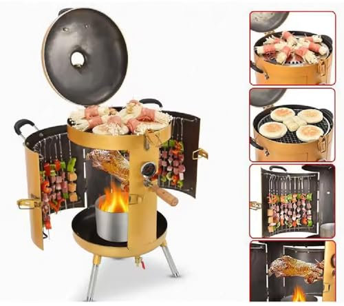 Cylindre de barbecue à poêle suspendu, barbecue à charbon de bois robuste 3 en 1, acier épais, solide et durable, avec thermomètre, pour jardin, camping, cuisine et grillades en plein air