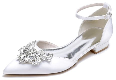 Scarpe con Fibbia con Cinturino alla Caviglia a Punta Scarpe da Sposa Tacco Basso in Pizzo con Strass Scarpe,Bianca,38 EU