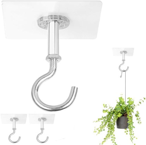 Muccibi 2 Pack Ceiling Hook for Hanging Plants, Adhesive Ceiling Hooks Heavy Duty Holds Up to 30lbs, Stick On for Flower Pots, Lights, Lanterns, Wind Chimes, Decorations, Bird Feeders.