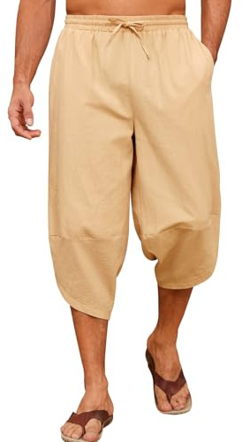 Yuson Girl Pantalon 3/4 Hombre Algodón Casual Anchos Largos Pantalones de Playa Sueltos Ligeros Cordón Elástica Pantalones de Yoga con Bolsillos Uso Diario(Caqui, M)