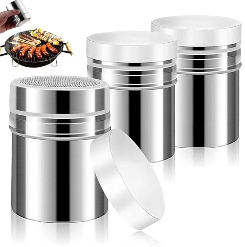 Flour Shaker, 3PCS Flour Sugar Salt Shaker, Icing Sugar Shaker Chocolate Shaker with Fine Steel Mesh Sieve for Baking Cooking Icing Sugar Salt Cocoa Flour Coffee Shaker Sifter(8x6.5cm)