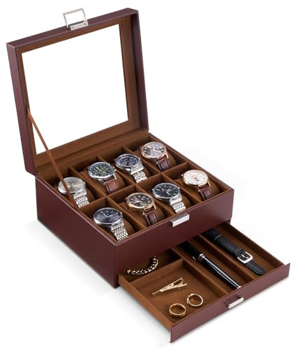 ProCase Boite a Montre à 2 Niveaux, 8 Emplacements avec Coussins pour Montres, 2ème Compartiment pour des Petits Bijoux Accessoire, avec Couvercle en Verre -Marron