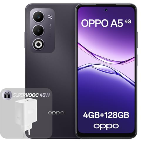 OPPO A5 4G 4GB RAM + 128GB ROM, Unlocked Smartphone with AI, 6.67 90 Hz display, 50MP AF camera, 6000 mAh battery, IP65 Water and Dust Resistance, Midnight Purple (Include 45W SUPERVOOC Charger)