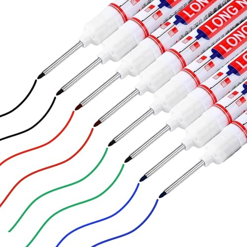 NUDVMUCH Marqueur Trou Profond - 8 Pcs Stylos Chantier Feutre de Tracage Métal avec 20 mm Pointe Allongée, Marqueurs à Trous Profonds pour Bois, Métal, Plastique et Carton (Noir, Rouge, Bleu, Vert)