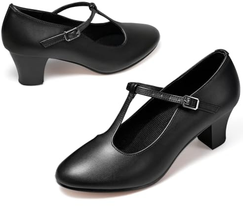 Asyusyu T Bar Character Dance Shoes for Women 2 inch Heel Ballroom Latin Dance Shoes-Black, 6 UK
