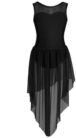 iEFiEL Mädchen Ballettkleid mit Schlitz Tüll Rock Lyrischer Tanzkleid Standard Ballsaal Walzer Tango Ärmellos Ballett Trikot Kleid Schwarz 152