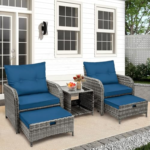 FYRICKYLINOO 5 Pieces Wicker Outdoor Patio Chairs with Ottomans, All Weather PE Rattan Outdoor Conversation Set Bistro Patio Furniture Set with Hidden Ottoman for Porch Backyard Balcony, Blue