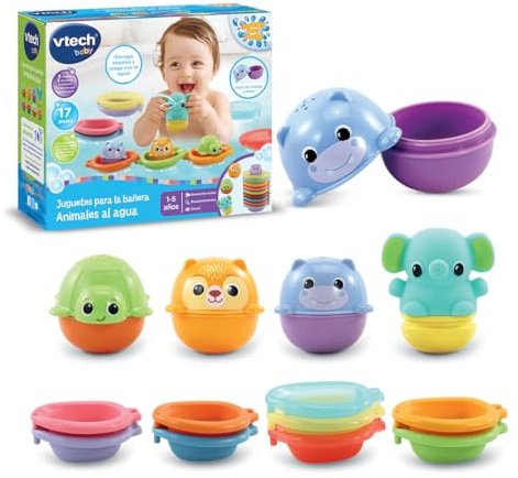 VTech-Baby Juguetes para la bañera Animales al Agua, Juego Educativo de animalitos apilables para la Hora del baño, Niños a Partir de 1 año, Versión ESP