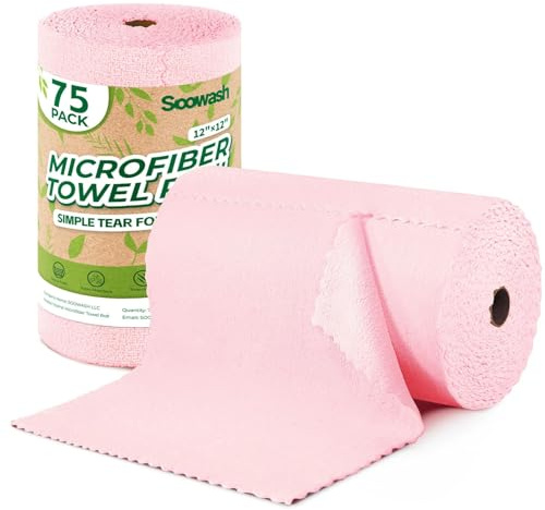SOOWASH Microfiber Cleaning Cloths Roll, 75 Pack Tear Away Microfiber Towels Roll, 12 x 12 Lint Free Rags, Reusable Cleaning Cloths, Washable, Scratch Free,Ultra Absorbent Dish Rags(Pink)