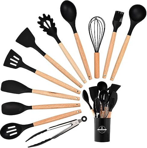 Litinliv Silikon Küchenhelfer Set Schwarz, 12 Stück Kochgeschirr Aus Silikon, Antihaft & Hitzebeständig, Inkl. Utensilienhalter, Ideal Für Jede Küche, Langlebiges Küchengerät Set