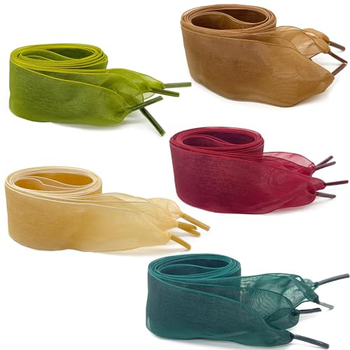 DHER Cordones de Cinta de Seda Planos 5 Pares, 3.2cm de Ancho, Organza para Zapatos Blancos 120cm