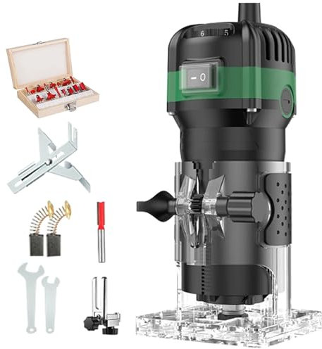 Juego de Fresadora de Madera Rebajadora Eléctrica 800W 30000R 6.35 mm (1/4 Inch) con 6 Velocidades Variables,para Ranurado Rectificadora con Fresas (Con juego de 15 brocas)