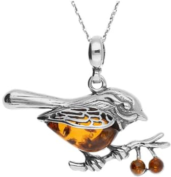 Sterling Silver 925 Robin Bird Pendants with Cognac, Green Amber, Black Onyx, Turquoise, Amethyst, 18-inch Chain (Silver Cognac Amber)