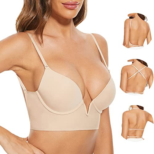 Zetopump Low Back Bras for Women-Seamless Deep-V Plunge Invisible Backless Bra-Lightly Lined Open Back Low Cut No Show Multiway Halter Bra (Nude, 34DD)