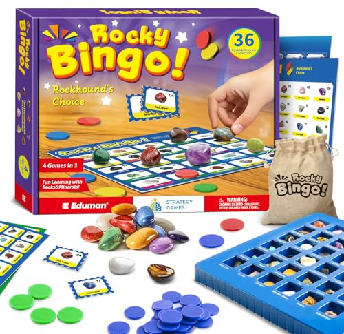 EDUMAN Rock Bingo Board Games - 36 Real Crystal & Rock Collection for Kids, Gemstone for kid, STEM Science Kit Educational Kids Bingo Game for Party School Gift for Boys Girls