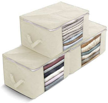 Delka 90L Storage Bags with Lids, Large Storage Boxes with lids, Storage Unit for Clothes, Duvets, Blankets, Toys, Pack of 3 Foldable Organizers with Reinforced Handles and Clear Window (Beige)