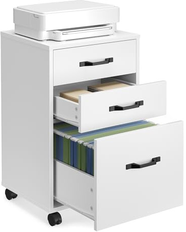 VASAGLE Mobile File Cabinet, 3 Drawers Filing Cabinet with Wheels, for Home Office, for A4, Letter Sized Documents, Adjustable Hanging Rail for File Folders, Cloud White OFC065WB01