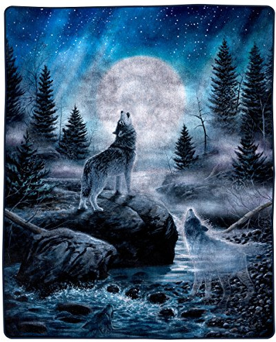 Wolf Blanket - 80x92-Inch Printed Howling Wolf Moon Blanket - Plush Thick 8lb Faux Mink Queen Throw for Couches, Sofas, or Beds by Lavish Home (Blue)
