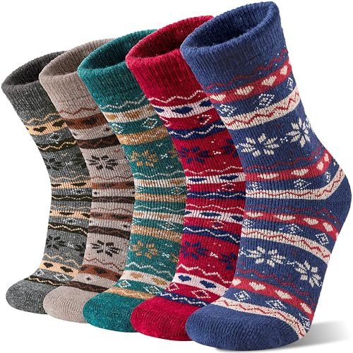 Sandsuced Womens Merino Wool Thermal Socks Warm Winter Cozy Long Heavy Comfy Socks for Ladies Mum Stocking Fillers Women Gifts Thick Crew Work Soft Boot Socks 5 Pairs(Snowflake Stripe)
