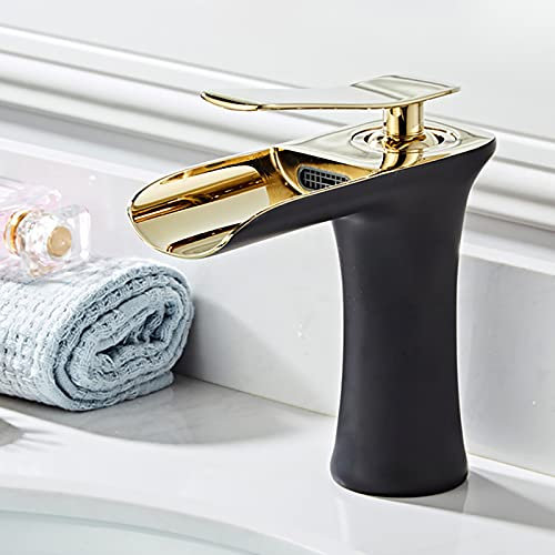 CDZHLTG Wasserfall Wasserhahn Bad Klein Körper 120mm Wasserhahn Waschbecken für Badezimmer, Waschtischarmatur Schwarz/Gold Bad Messing Waschbecken Mischbatterie Bad Waschtisch-Einhebelmischer