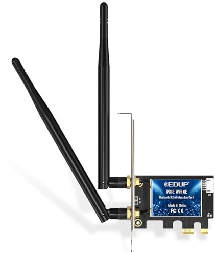 EDUP Tarjeta WiFi 6E Bluetooth 5.2 PCIE WLAN Intel AX210 5400 Mbit/s, Adaptador de Tarjeta de Red WLAN 802.11AX DualBand 2.4 GHz/5 GHz, Chip AX210 para PC de Escritorio Windows 10 y 11 de 64 bits