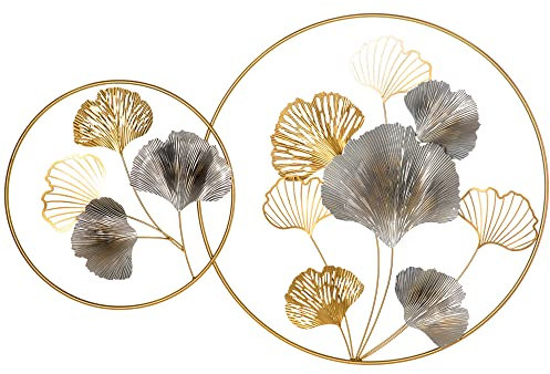 HOMCOM Decorazione Murale 3D in Metallo, Wall Art Dorata con Foglie di Ginkgo in due Cornici Rotonde, 102x66.2 cm, Oro e Argento