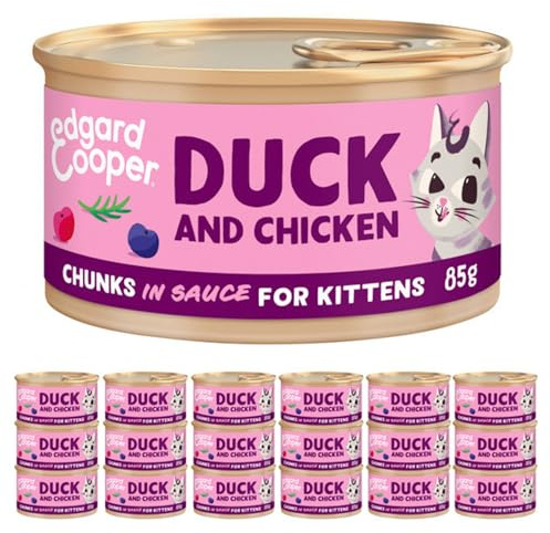 Edgard Cooper Kitten Grain Free Wet Cat Food in Gravy (Duck&Chicken 18 x 85g), Natural Cat Food in Chunks for Sterilized or Active Cats, No Added Sugar