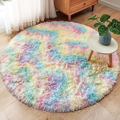 ROHATIM Schlafzimmer Plüsch Teppich Rund,Flauschiger Teppich für Wohnzimmer,modernes Wohnzimmer,Mädchen,weicher und Flauschiger Teppich für das Schlafzimmer Kindermatte(Regenbogen,Ø 200 cm Rund)