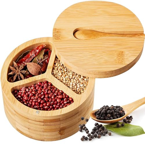 XFLYP Caja de Almacenamiento de Especias con Cuchara, Caja de Almacenamiento de Especias de Sal de Bambú de Madera con Contenedor de Tapa Giratoria para Cocina y Hogar(3 - Sala)