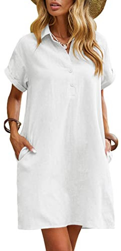 Zeagoo Women's Casual Cotton Linen T Shirt Dresses Short Sleeve Mini Summer Tunic Dress for Women White M