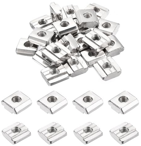 sourcing map 40Pcs M6 T Nut Tee Sliding Slot Nuts, T-Slot Nut Hammer Nut Block Square Nuts Fastener Carbon Steel Nickel Plated for Aluminum Extrusion Profile 3030 Series
