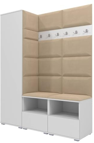 RAVIO Flurgarderobe 150 cm Ink. Schuhschrank mit Sitzbank, Garderobe Set mit Garderobenpaneel, Wandpolster & Push to Open Türen - Weiß/Wandpaneel Beige