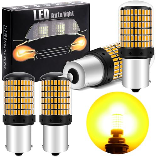 Defvnsy P21W 1156 Ba15S Bombilla LED, 12 V 24 V Bombillas amarillas súper luminosas, 21 W luces giratorias luces intermitentes 3014 chips, 144 SMD (juego de 4)