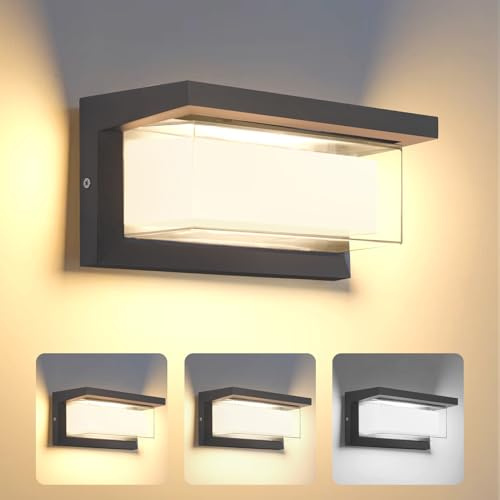 Mille Lucciole LED 24W Applique da Parete Esterno 3 Colori Regolabile Lampada da Parete Esterni IP65 Impermeabile Lampade Muro Nero Rettangolo Alluminio Per Cortili Giardini Portici Parchi Balconi