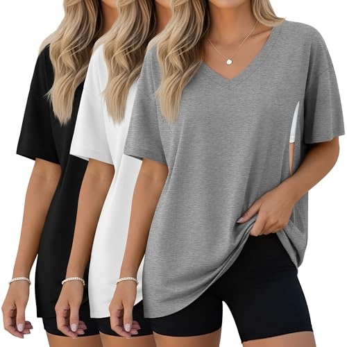 Xuniea 3 Pack Women's Oversize Nursing Shirts | Breastfeeding Tops, with Hidden Zippers, Loose Fit Short Sleeve T-shirts, Maternity Lounge Tee, Mama Clothes, Soft Fabric